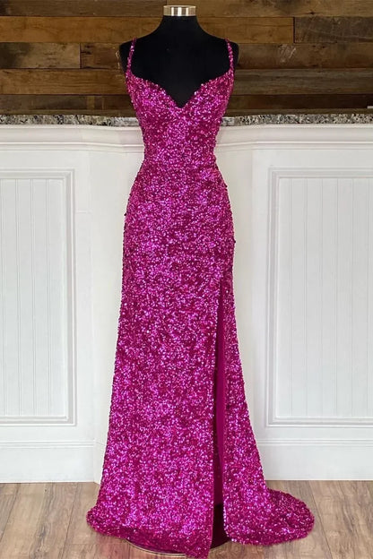 Hot Pink Sequin Spaghetti Strap Mermaid Prom Dress with Slit