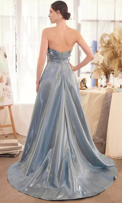 Iridescent A-Line Sweetheart Strapless Open Back Train Length Prom Dress