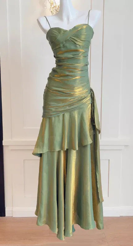 Iridescent Shimmering Mermaid Spaghetti Strap Ruched Ruffle Olive Green Long Prom Dress.
