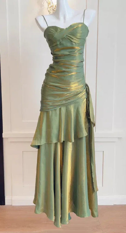 Iridescent Shimmering Mermaid Spaghetti Strap Ruched Ruffle Olive Green Long Prom Dress.
