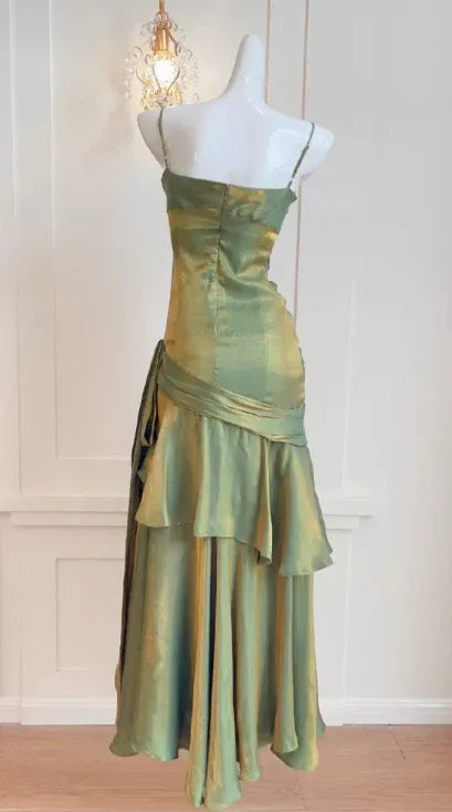 Iridescent Shimmering Mermaid Spaghetti Strap Ruched Ruffle Olive Green Long Prom Dress.