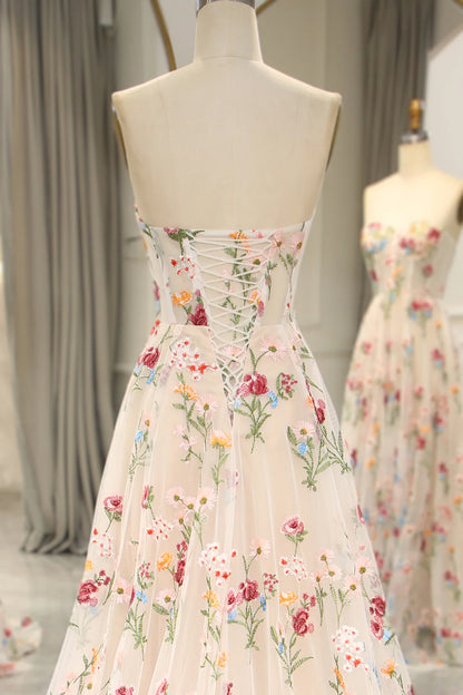 Gorgeous Prom Dress A-Line Sweetheart Long Corset Tulle Flower Backless Formal Wear Dresses