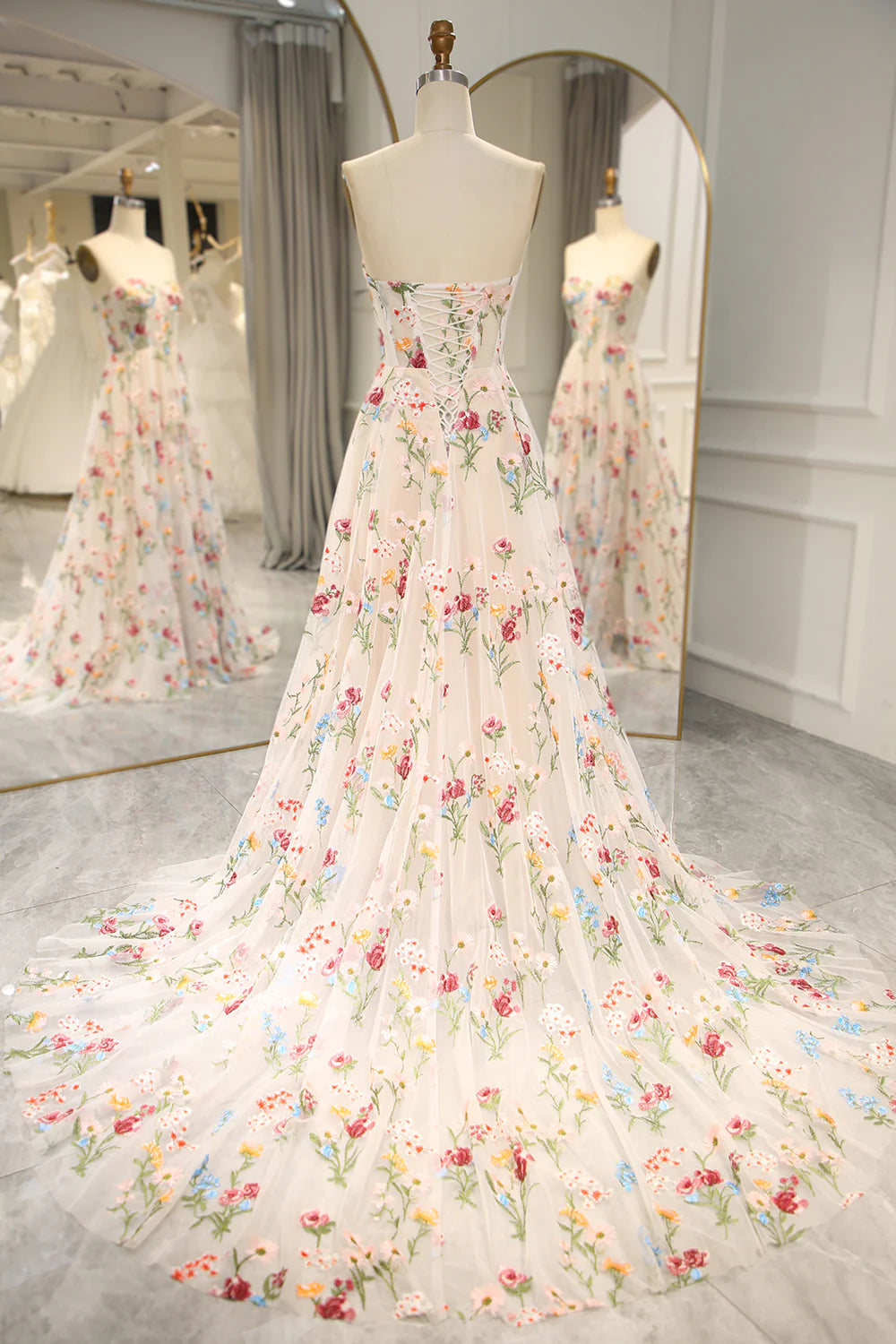 Gorgeous Prom Dress A-Line Sweetheart Long Corset Tulle Flower Backless Formal Wear Dresses