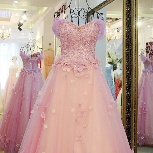 Pink Off The Shoulder 3D Floral Tulle Ball Gown With Beaded Bodice