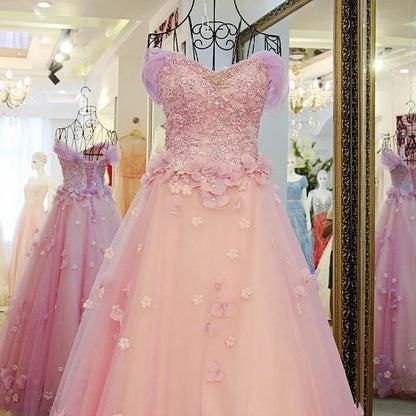 Pink Off The Shoulder 3D Floral Tulle Ball Gown With Beaded Bodice