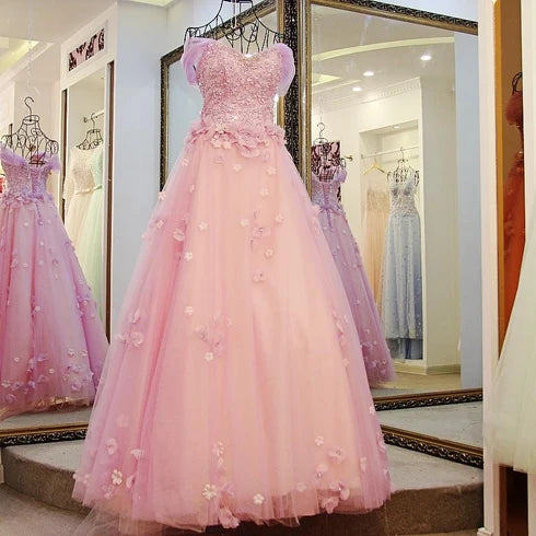 Pink Off The Shoulder 3D Floral Tulle Ball Gown With Beaded Bodice