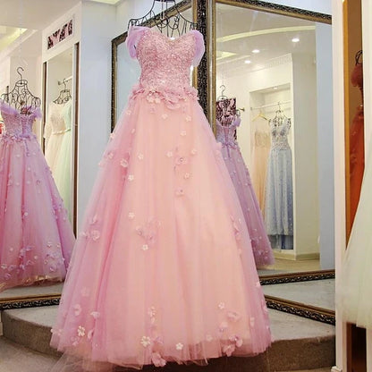 Pink Off The Shoulder 3D Floral Tulle Ball Gown With Beaded Bodice