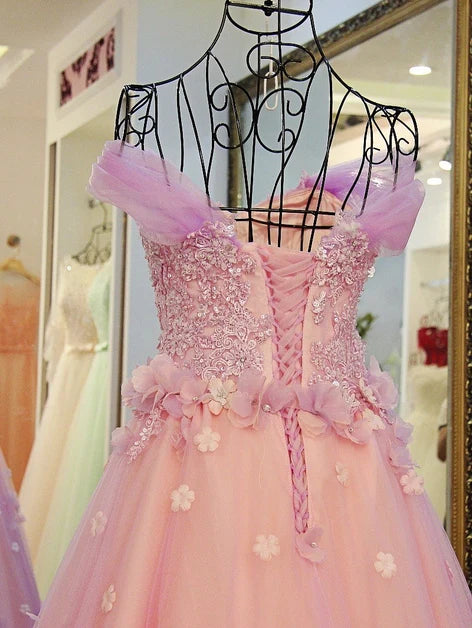 Pink Off The Shoulder 3D Floral Tulle Ball Gown With Beaded Bodice