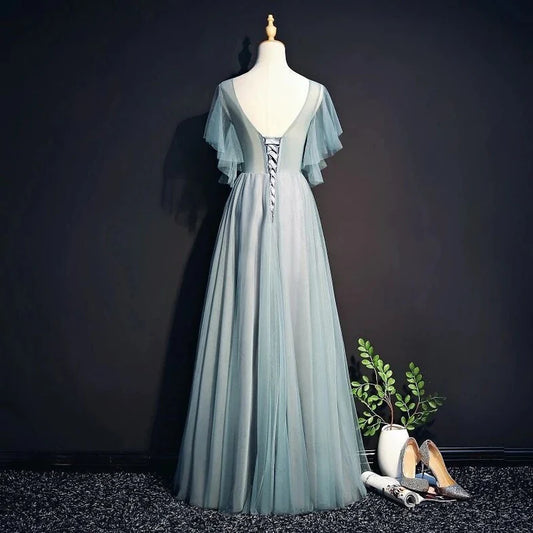 Beautiful Light Green Tulle Long Party Dress Green Lace Low Back Prom Dress Evening Dress