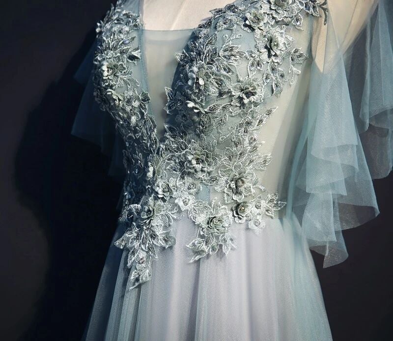 Beautiful Light Green Tulle Long Party Dress Green Lace Low Back Prom Dress Evening Dress