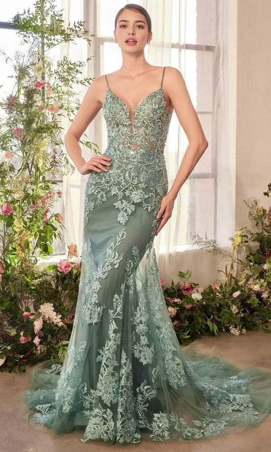 Lace-Embellished Mermaid Deep V Spaghetti Strap Open Back Train Length Prom Dress