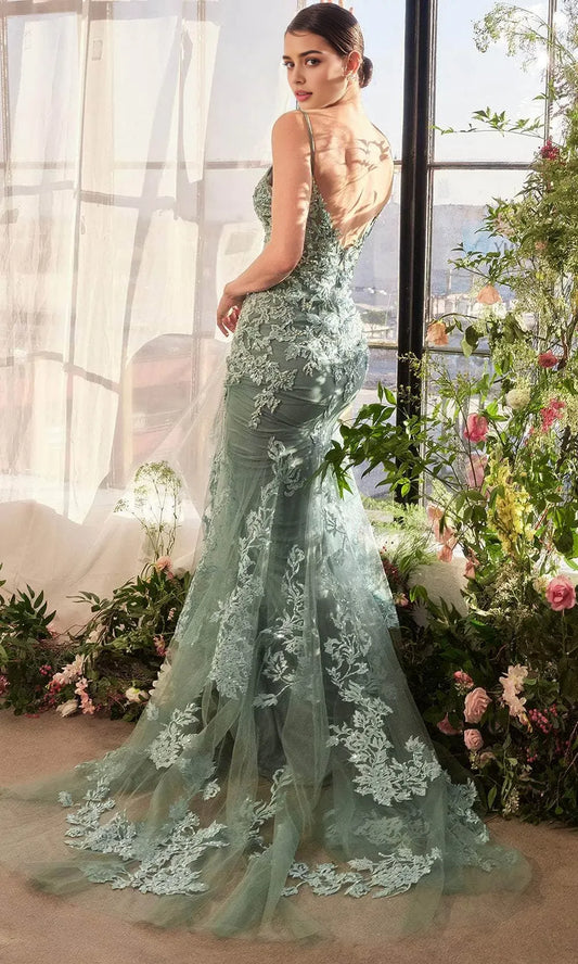 Lace-Embellished Mermaid Deep V Spaghetti Strap Open Back Train Length Prom Dress