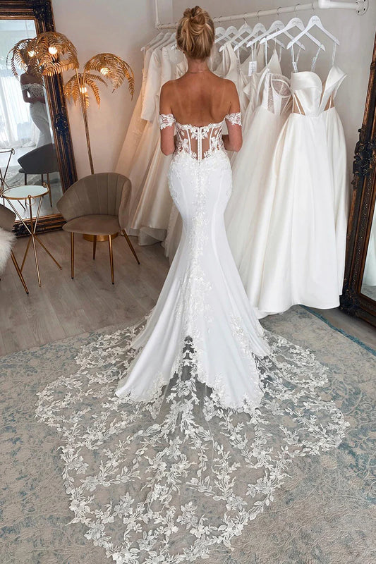 Lace Embellished Mermaid Off Shoulder Sleeveless Lace Up Back Train Length Wedding Dress