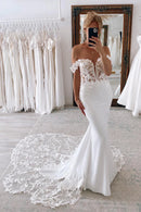 Lace Embellished Mermaid Off Shoulder Sleeveless Lace Up Back Train Length Wedding Dress