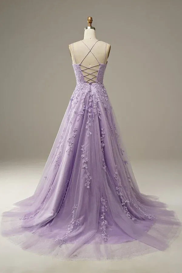 Lavender Floral Lace Spaghetti Strap Lace-Up Back A-Line Prom Dress