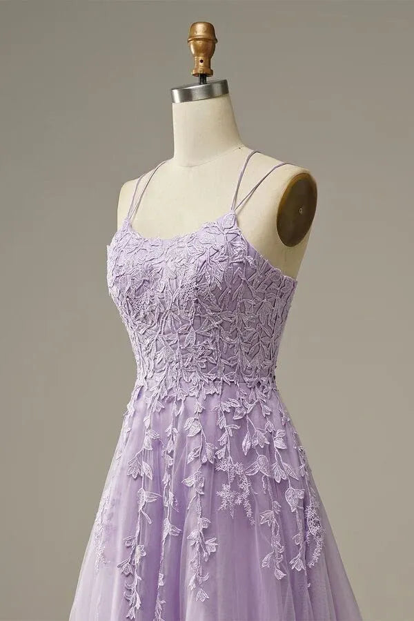 Lavender Floral Lace Spaghetti Strap Lace-Up Back A-Line Prom Dress