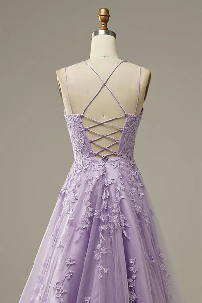Lavender Floral Lace Spaghetti Strap Lace-Up Back A-Line Prom Dress