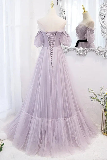Lavender Off-Shoulder Puff Sleeve Lace-Up Tulle Prom Dress