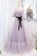 Lavender Off-Shoulder Puff Sleeve Lace-Up Tulle Prom Dress