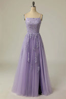 Lavender Spaghetti Strap Lace-Up Floral Slit Tulle Prom Dress