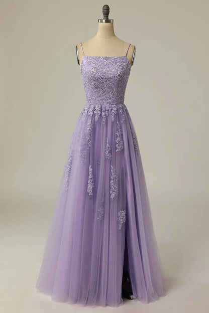 Lavender Spaghetti Strap Lace-Up Floral Slit Tulle Prom Dress
