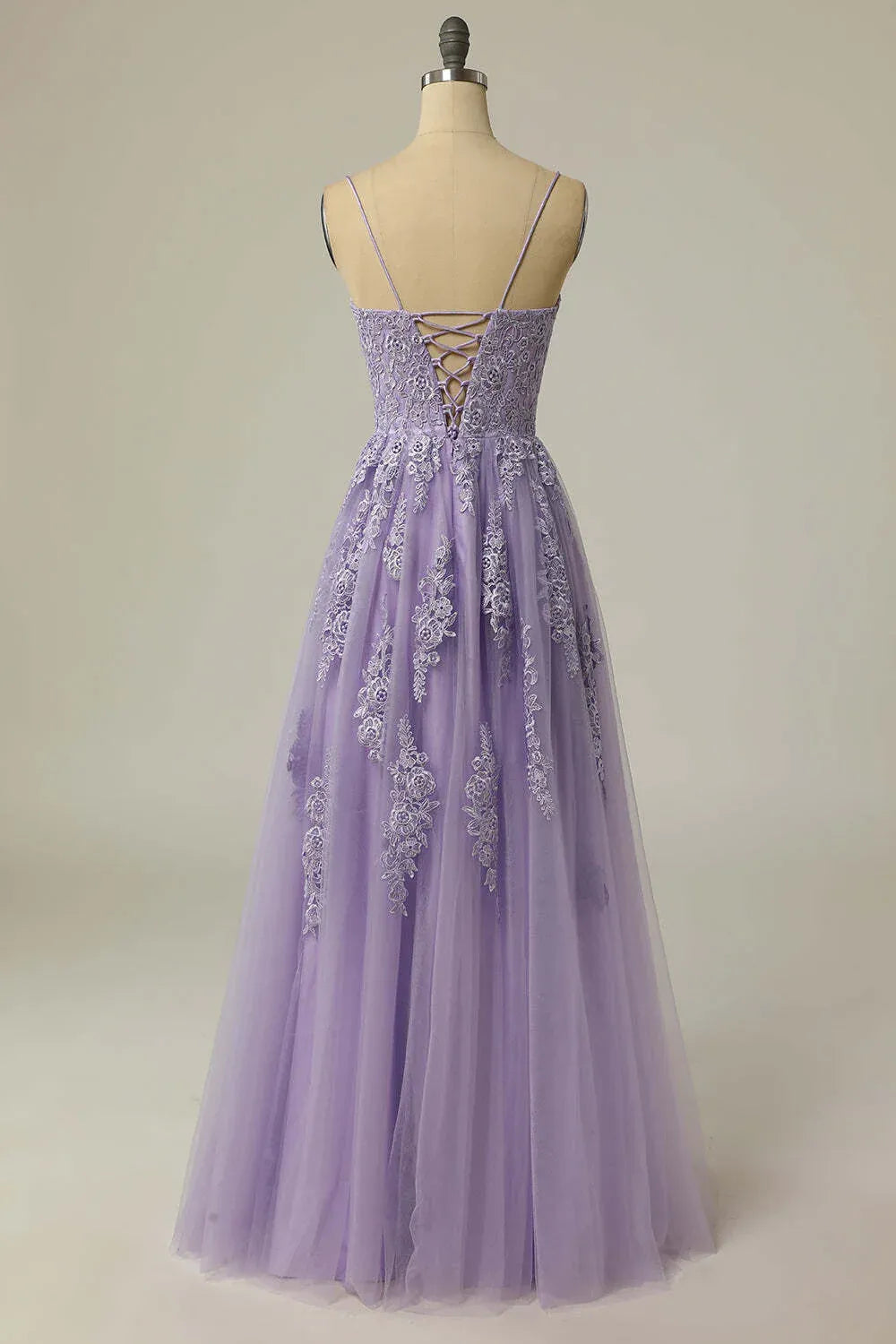 Lavender Spaghetti Strap Lace-Up Floral Slit Tulle Prom Dress