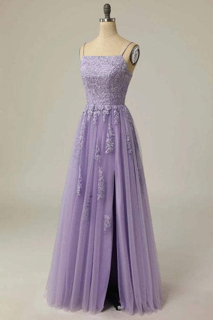 Lavender Spaghetti Strap Lace-Up Floral Slit Tulle Prom Dress