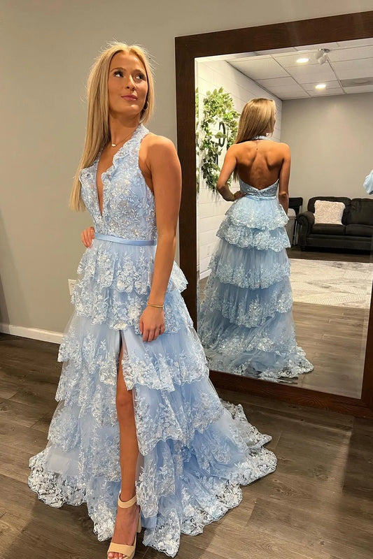 Light Blue Halter V-Neck Tiered Lace Slit Tulle Prom Dress