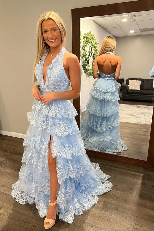 Light Blue Halter V-Neck Tiered Lace Slit Tulle Prom Dress