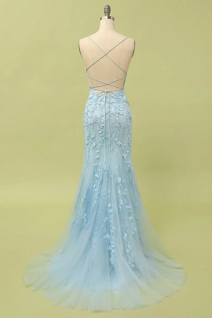 Light Blue Lace-Up Back Floral Lace Mermaid Prom Dress