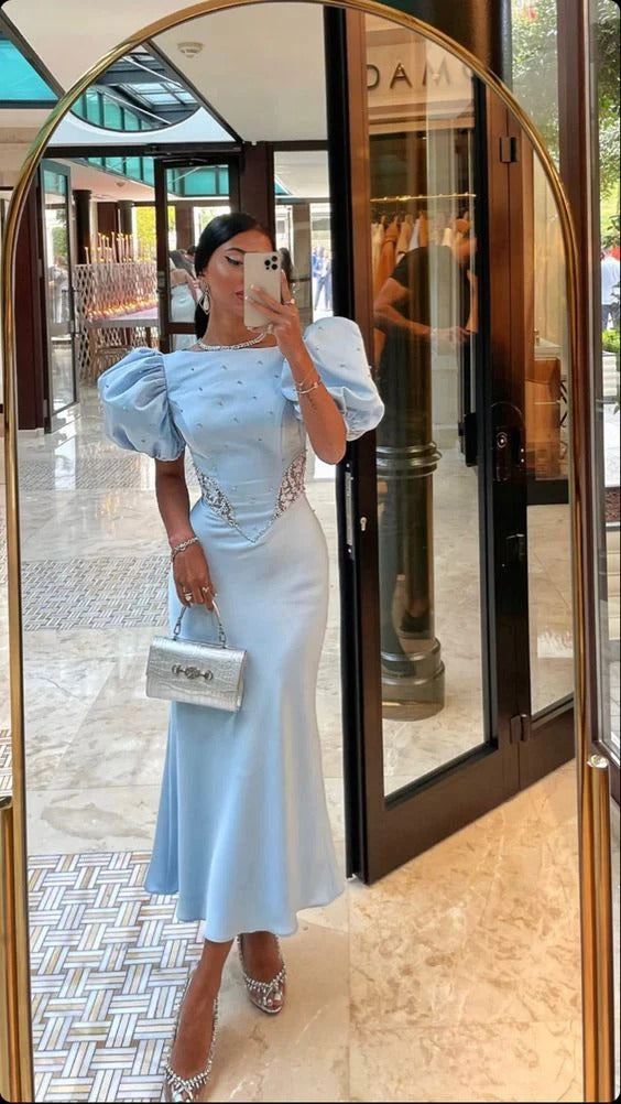 Light Blue Puff Sleeve Embellished Mermaid Evening Dress