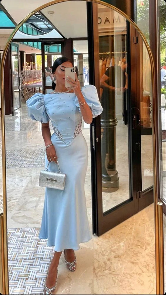Light Blue Puff Sleeve Embellished Mermaid Evening Dress