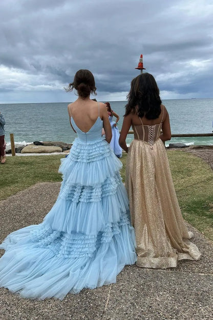 Light Blue Spaghetti Strap Tiered Ruffle Tulle A-Line Prom Dress