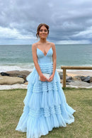 Light Blue Spaghetti Strap Tiered Ruffle Tulle A-Line Prom Dress