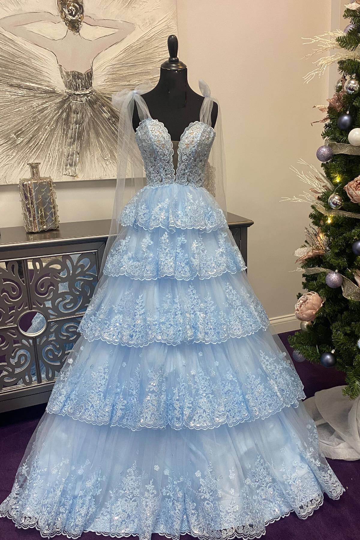 Light Blue Tulle Strap Bow Tiered Lace A-Line Prom Dress