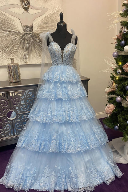 Light Blue Tulle Strap Bow Tiered Lace A-Line Prom Dress