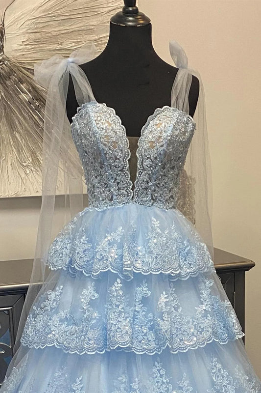 Light Blue Tulle Strap Bow Tiered Lace A-Line Prom Dress
