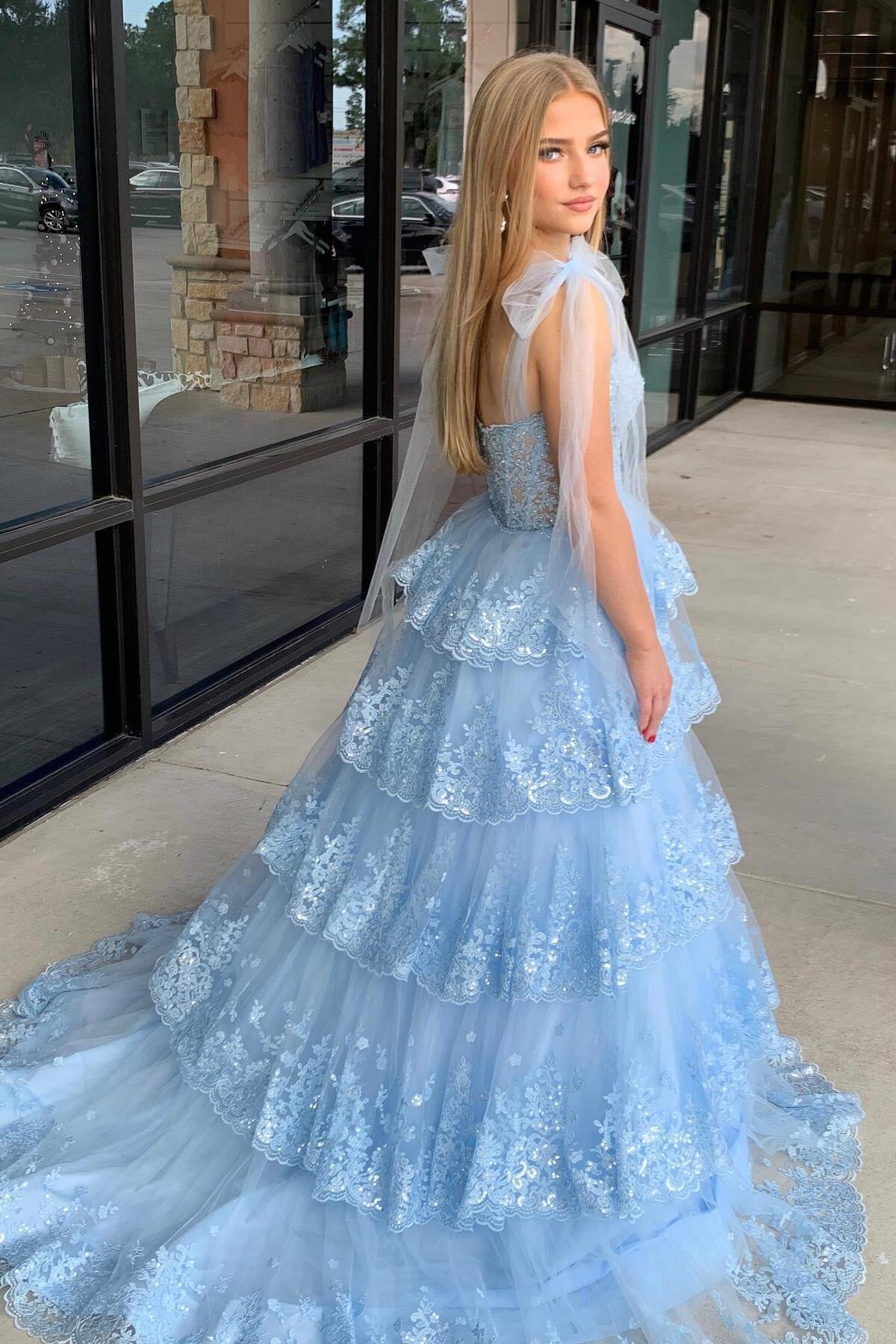 Light Blue Tulle Strap Bow Tiered Lace A-Line Prom Dress