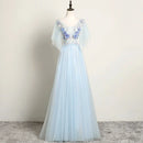Light Blue Flutter Sleeve Tulle Prom Dress 3D Floral Appliques A Line Lace Up Back