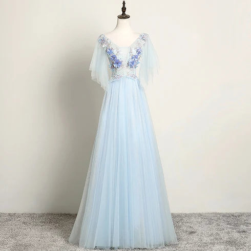 Light Blue Flutter Sleeve Tulle Prom Dress 3D Floral Appliques A Line Lace Up Back