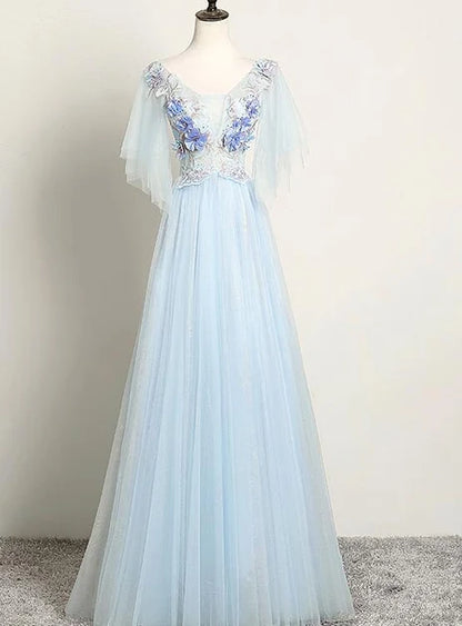 Light Blue Flutter Sleeve Tulle Prom Dress 3D Floral Appliques A Line Lace Up Back
