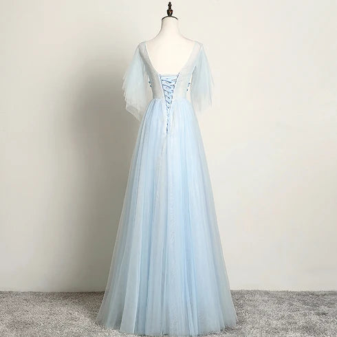 Light Blue Flutter Sleeve Tulle Prom Dress 3D Floral Appliques A Line Lace Up Back