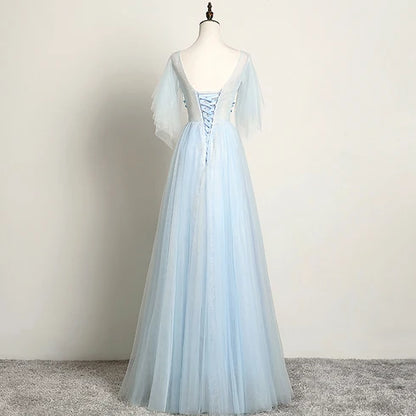 Light Blue Flutter Sleeve Tulle Prom Dress 3D Floral Appliques A Line Lace Up Back