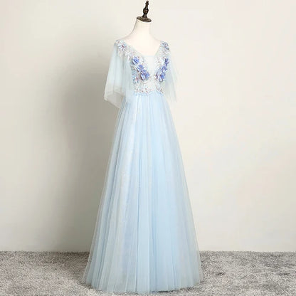 Light Blue Flutter Sleeve Tulle Prom Dress 3D Floral Appliques A Line Lace Up Back