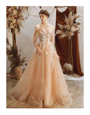Champagne Off Shoulder Tulle Wedding Dress White Lace Appliques A Line With Train