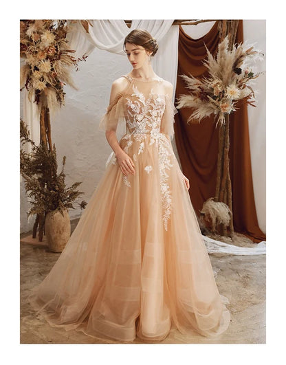Champagne Off Shoulder Tulle Wedding Dress White Lace Appliques A Line With Train