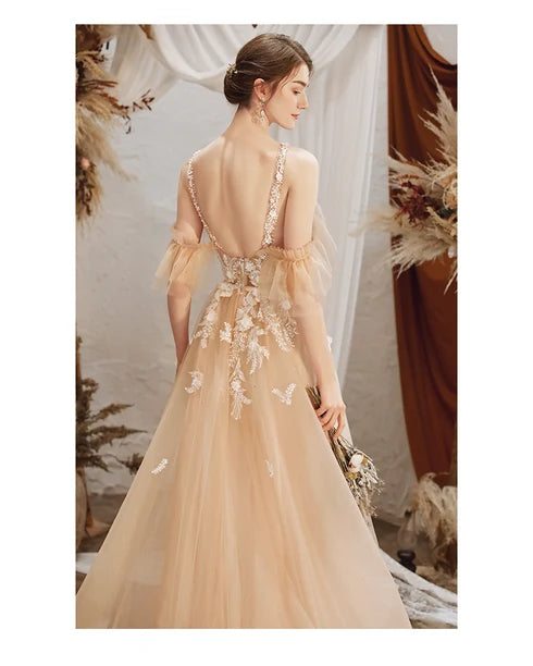 Champagne Off Shoulder Tulle Wedding Dress White Lace Appliques A Line With Train