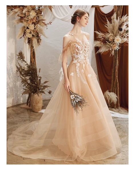 Champagne Off Shoulder Tulle Wedding Dress White Lace Appliques A Line With Train