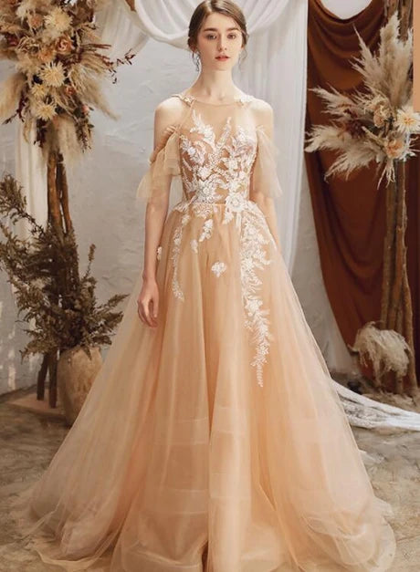 Champagne Off Shoulder Tulle Wedding Dress White Lace Appliques A Line With Train