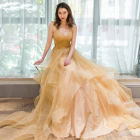 Champagne Spaghetti Strap V Neck Ruffled Glitter Tulle A Line Prom Dress